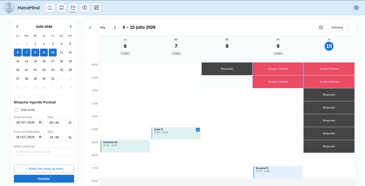 Agenda semanal mostrando bloqueos manuales (Bloqueado) y de Google Calendar junto a las citas