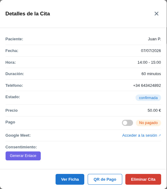 Detalles de una cita ya realizada con acceso a Google Meet, QR de Pago y Ver Ficha, sin botón Reagendar