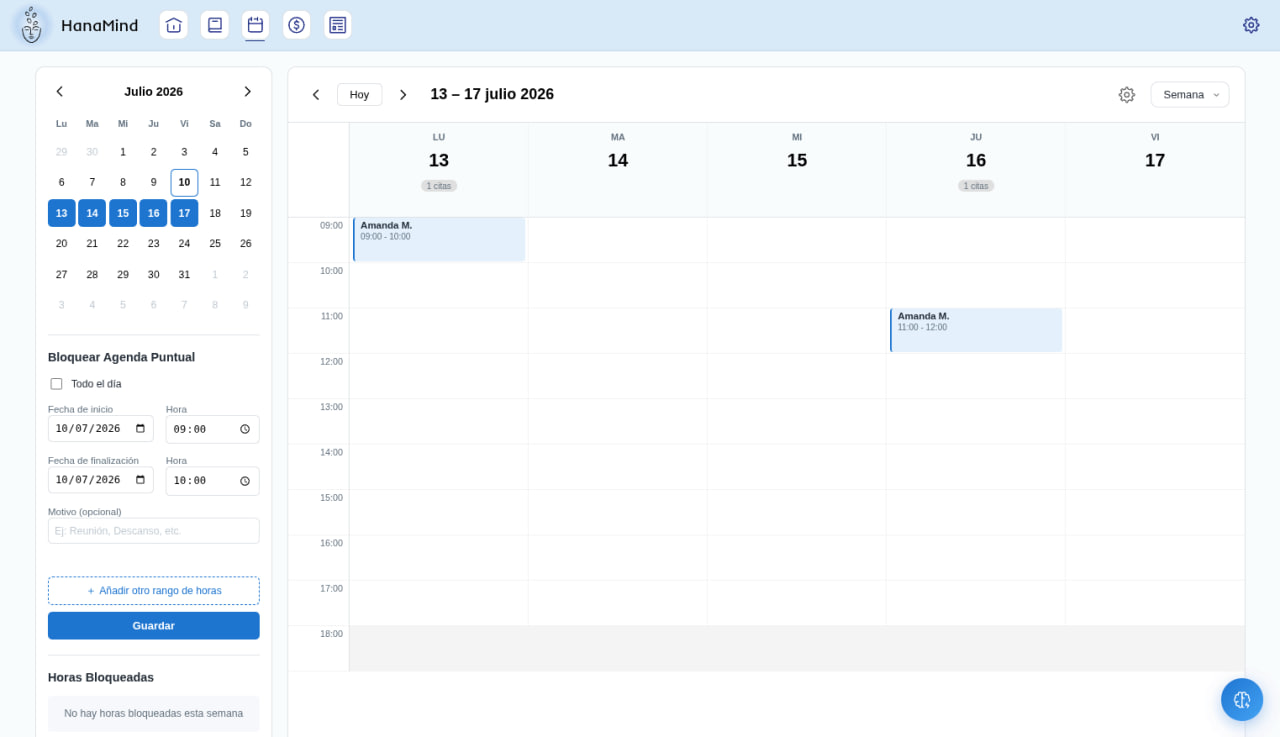 Vista semanal de la agenda de HanaMind