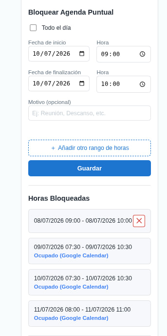 Panel Bloquear Agenda Puntual y listado de Horas Bloqueadas con bloqueos manuales y de Google Calendar