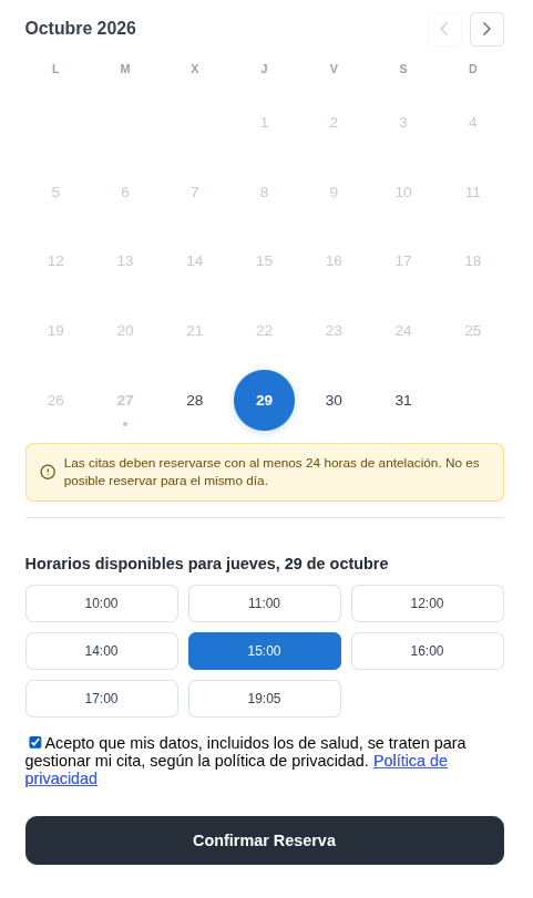 Available times with the privacy policy checkbox and the Confirm booking button