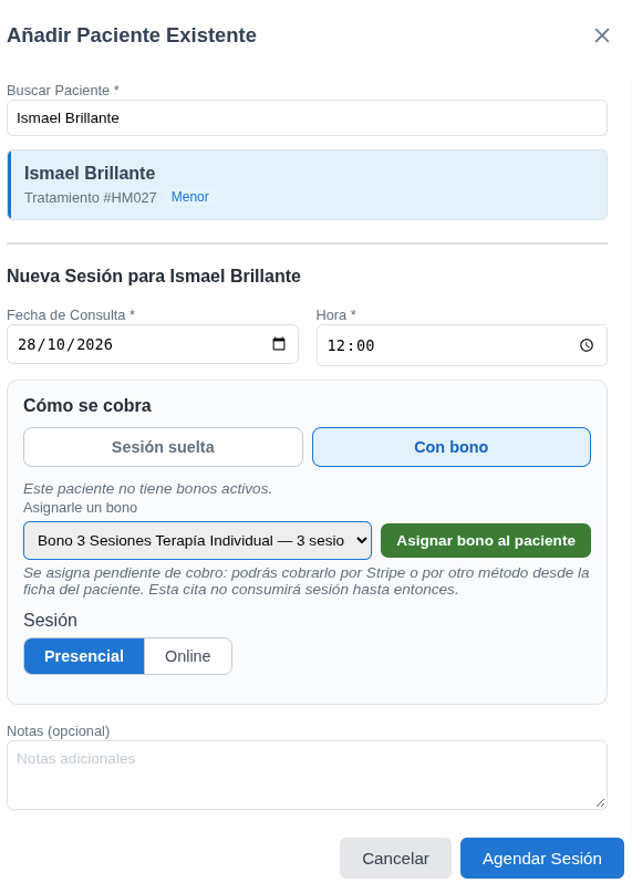 Añadir sesión con Con bono, el bono Terapia Individual elegido y el botón Asignar bono al paciente