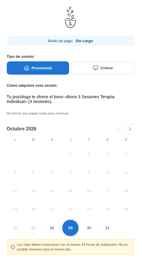 October calendar with day 29 selected, and the available times below with 15:00 chosen
