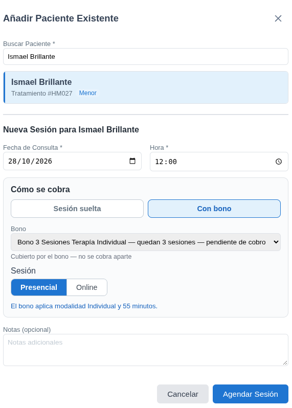 Añadir sesión con el bono asignado, quedan 3 sesiones, pendiente de cobro, y la modalidad que aplica el bono