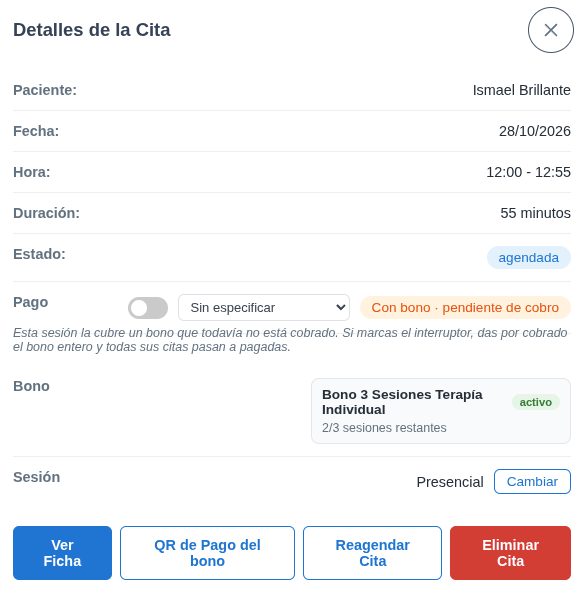 Detalles de la cita con Con bono · pendiente de cobro, el interruptor de pago y el bono activo con 2 de 3 sesiones restantes