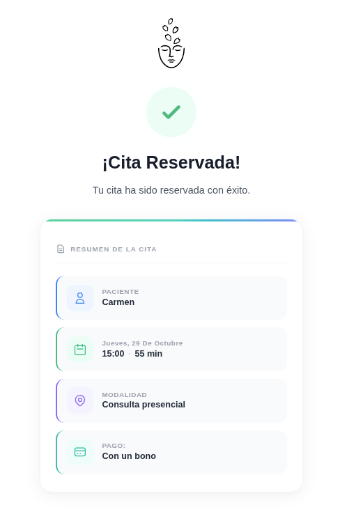 Pantalla ¡Cita Reservada! con el resumen de la cita, la modalidad Consulta presencial y el pago Con un bono