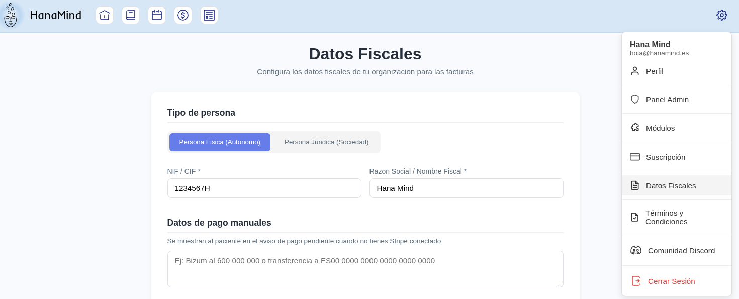 Pantalla Datos Fiscales con el menú de ajustes desplegado y la opción Datos Fiscales marcada