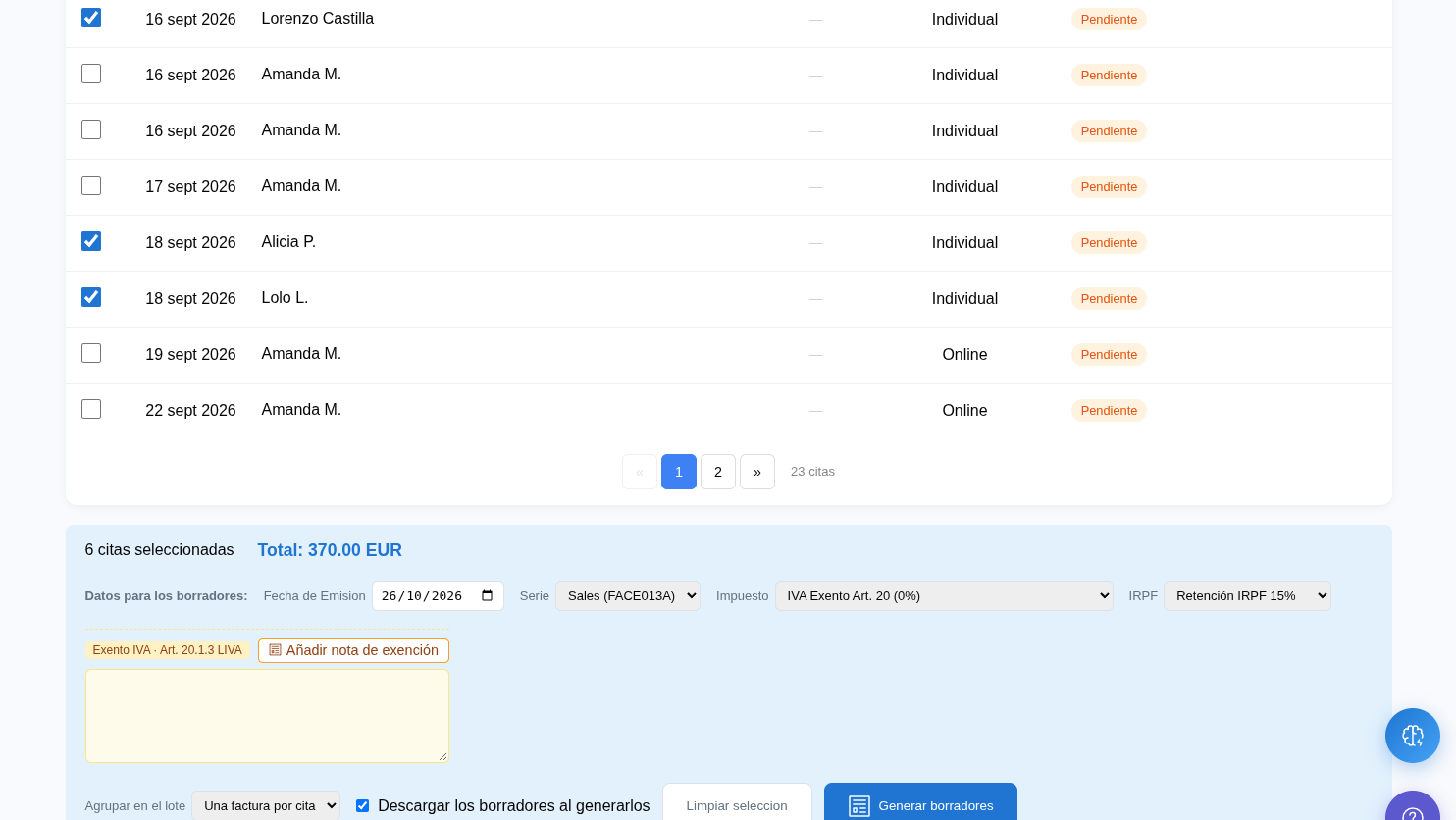 Barra de datos para los borradores con fecha, serie, impuesto, IRPF y nota de exención