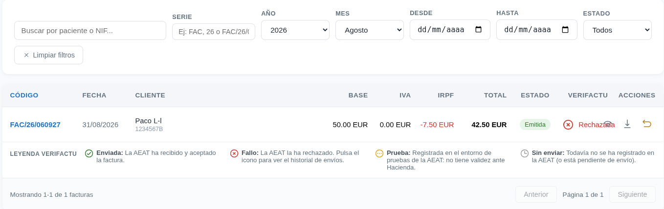 History table with the Verifactu column, a rejected invoice with a red X and the status legend below