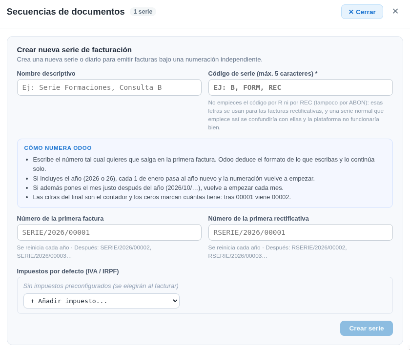 Create new invoice series form with name, code, number of the first invoice and of the first corrective invoice
