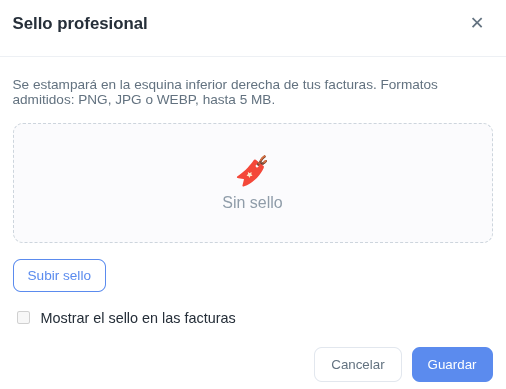 Professional stamp window with the upload area, the Upload stamp button and the Show the stamp on invoices checkbox