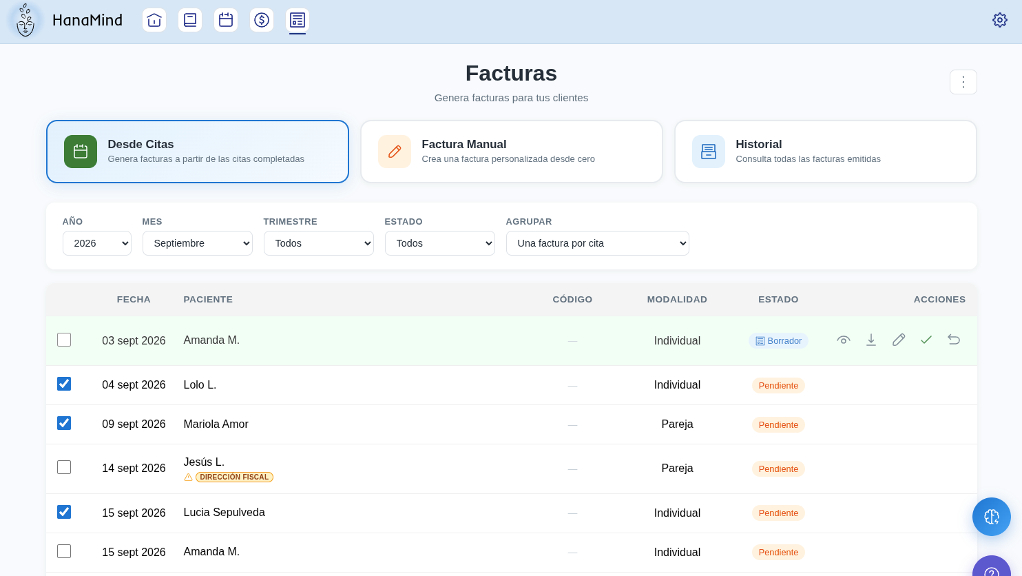 Invoices filter bar: year, month, quarter, status and group