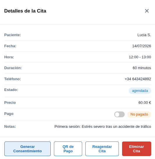 Detalles de la cita con el botón Generar Consentimiento