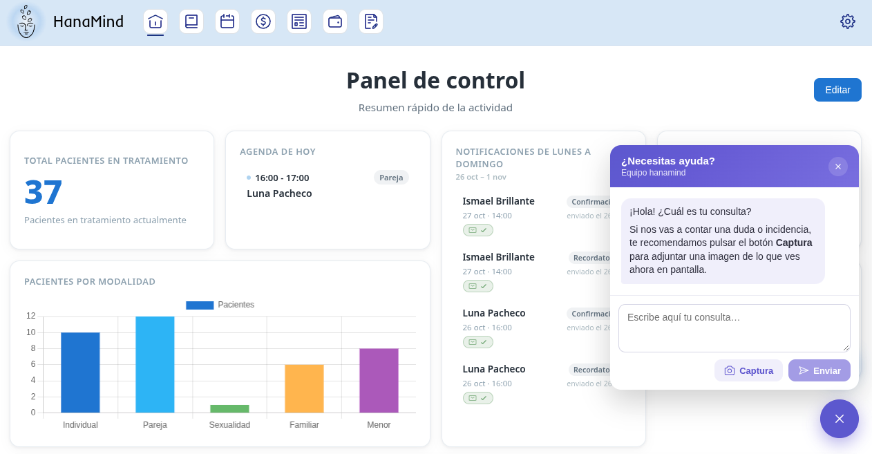 Need help? panel open over the dashboard, with the question field and the Screenshot and Send buttons