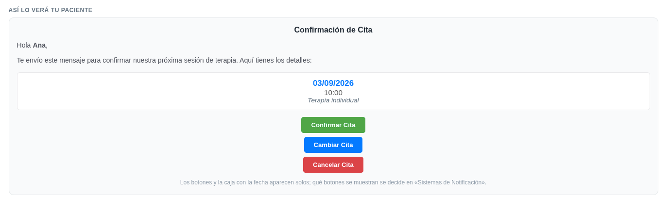 Preview of the confirmation email: greeting to Ana, the message, the box with date, time and session type, and the Confirm, Change and Cancel buttons