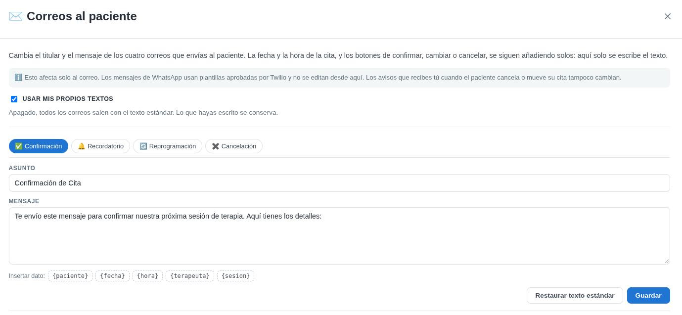 Confirmation form with the subject Confirmación de Cita and a written message, with the placeholders below