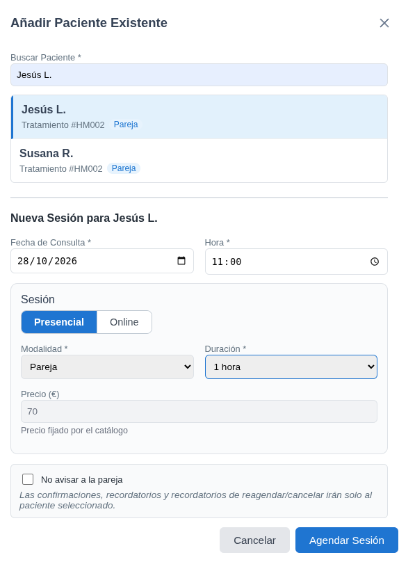 Add session for Jesús L., couple session type, with Don't notify the partner unticked and a price of 70