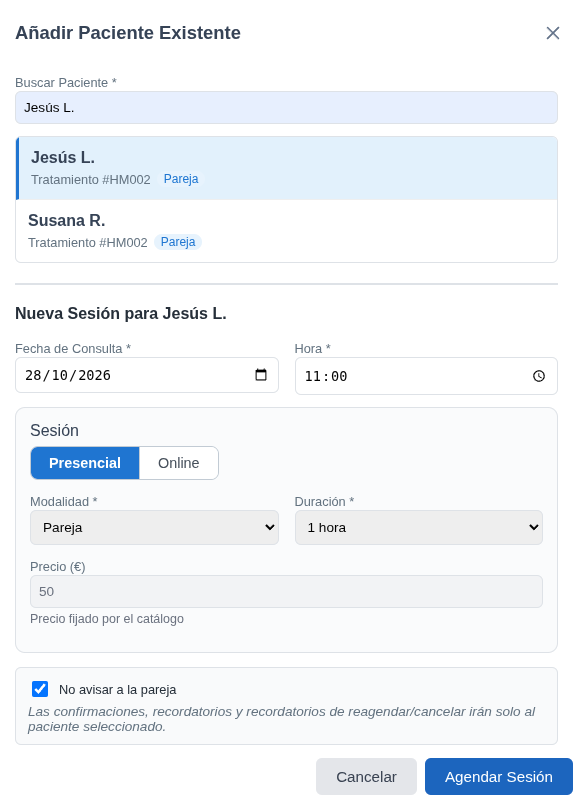 Add session for Jesús L., couple session type, with Don't notify the partner ticked and a price of 50