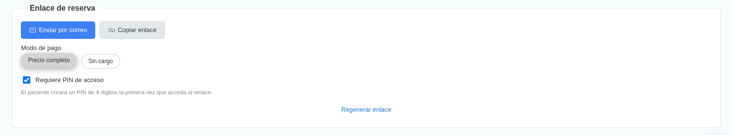 Bloque Enlace de reserva con Enviar por correo, Copiar enlace, Modo de pago, Requiere PIN y Regenerar enlace