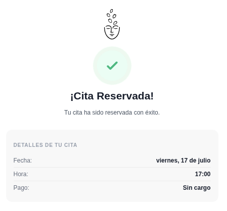 Pantalla de confirmación con el mensaje ¡Cita Reservada!