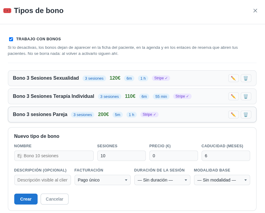 Formulario Nuevo tipo de bono con los campos Nombre, Sesiones, Precio, Caducidad, Descripción, Facturación, Duración de la sesión y Modalidad base