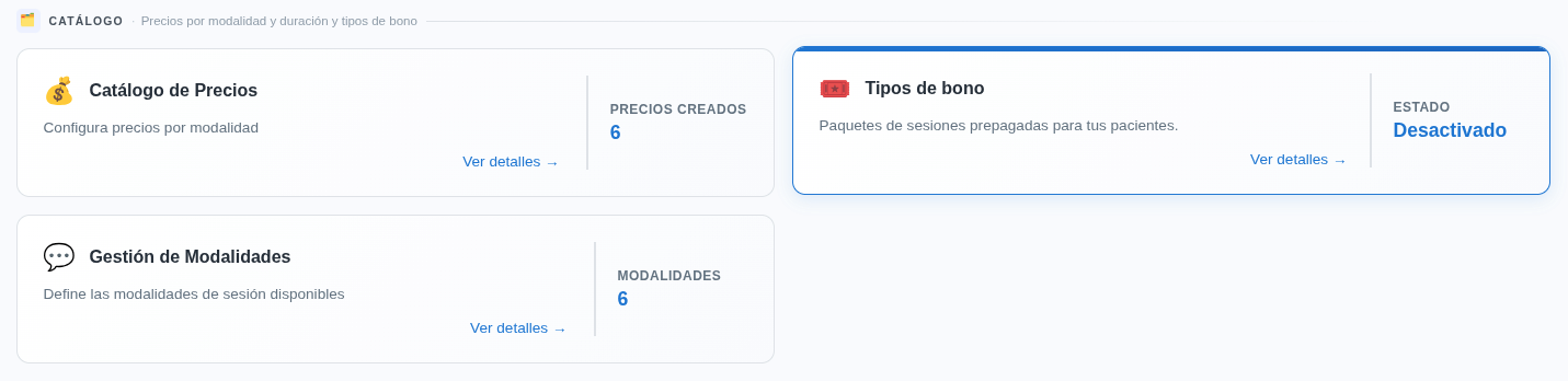 Bloque Catálogo del Panel Admin con las tarjetas Catálogo de Precios, Gestión de Modalidades y Tipos de bono