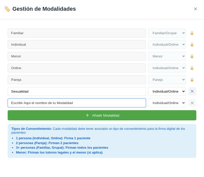 Ventana Gestión de Modalidades con el campo de nombre y el desplegable de número de personas