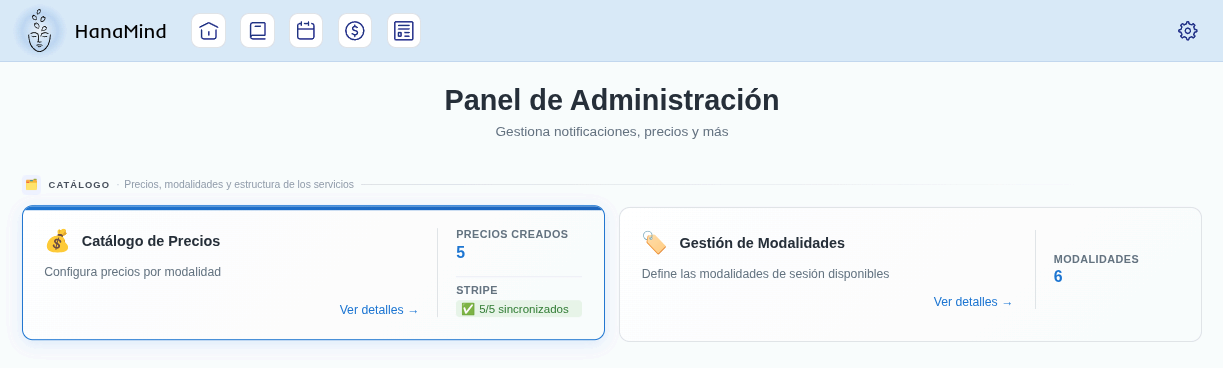Panel de Administración con la tarjeta Catálogo de Precios resaltada