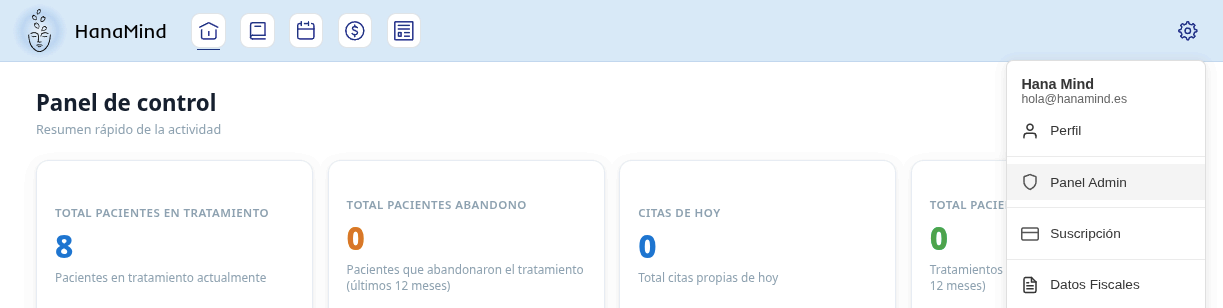 Menú de ajustes desplegado con la opción Panel Admin