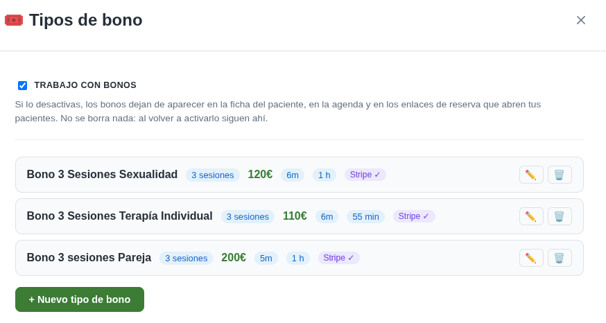 Lista de bonos creados, cada uno con sus sesiones, precio, caducidad, duración y etiqueta Stripe, y el botón Nuevo tipo de bono debajo