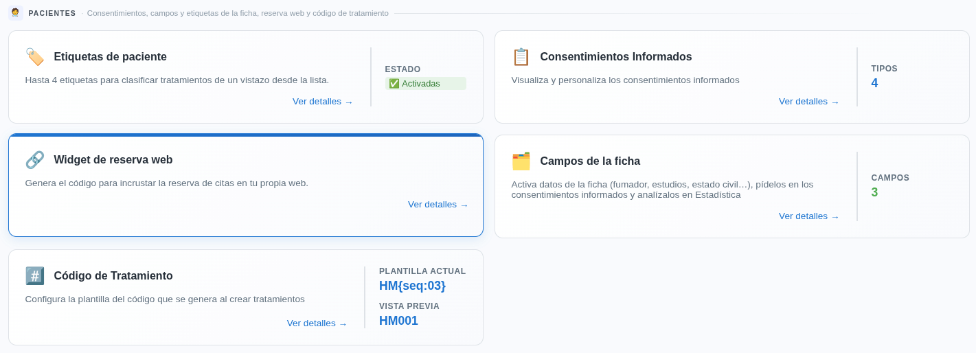 Sección Pacientes del Panel Admin con la tarjeta Widget de reserva web