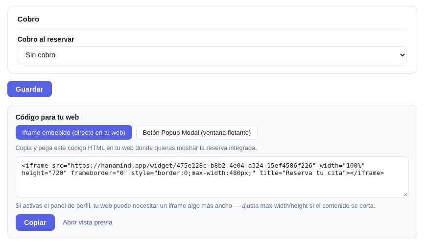 Cobro al reservar en Sin cobro, el botón Guardar y el código para tu web