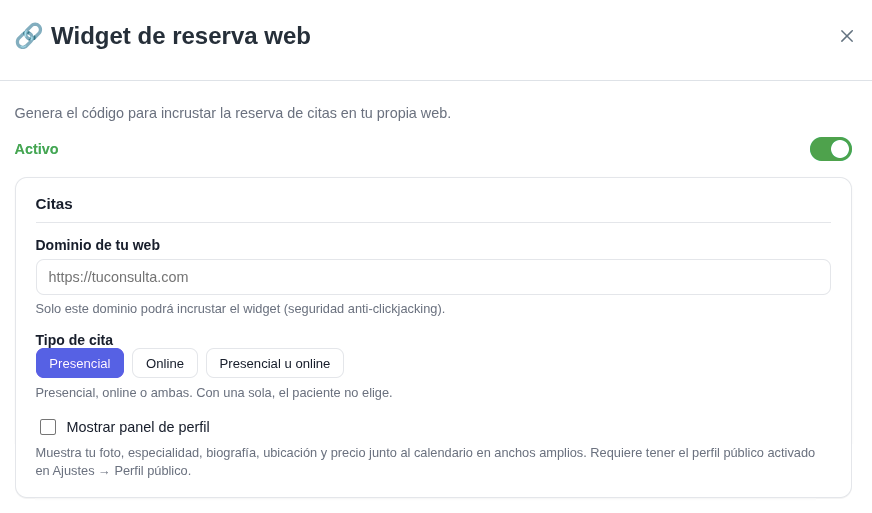 Widget de reserva web con el interruptor Activo encendido, el dominio de la web, el tipo de cita y Mostrar panel de perfil